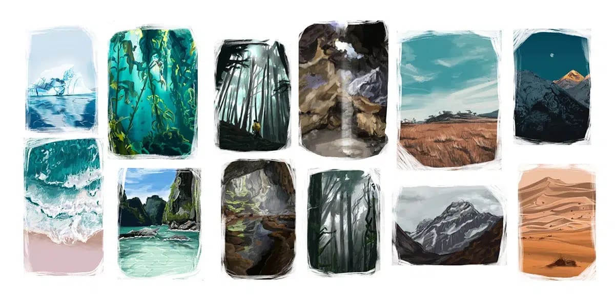 Lámina de thumbnails de paisajes con mares, bosques, cuevas, montañas y desiertos para el proyecto Domas, de Belén María Picazo Delgado, alumna de Ilustración y Animación 2D en TRAZOS