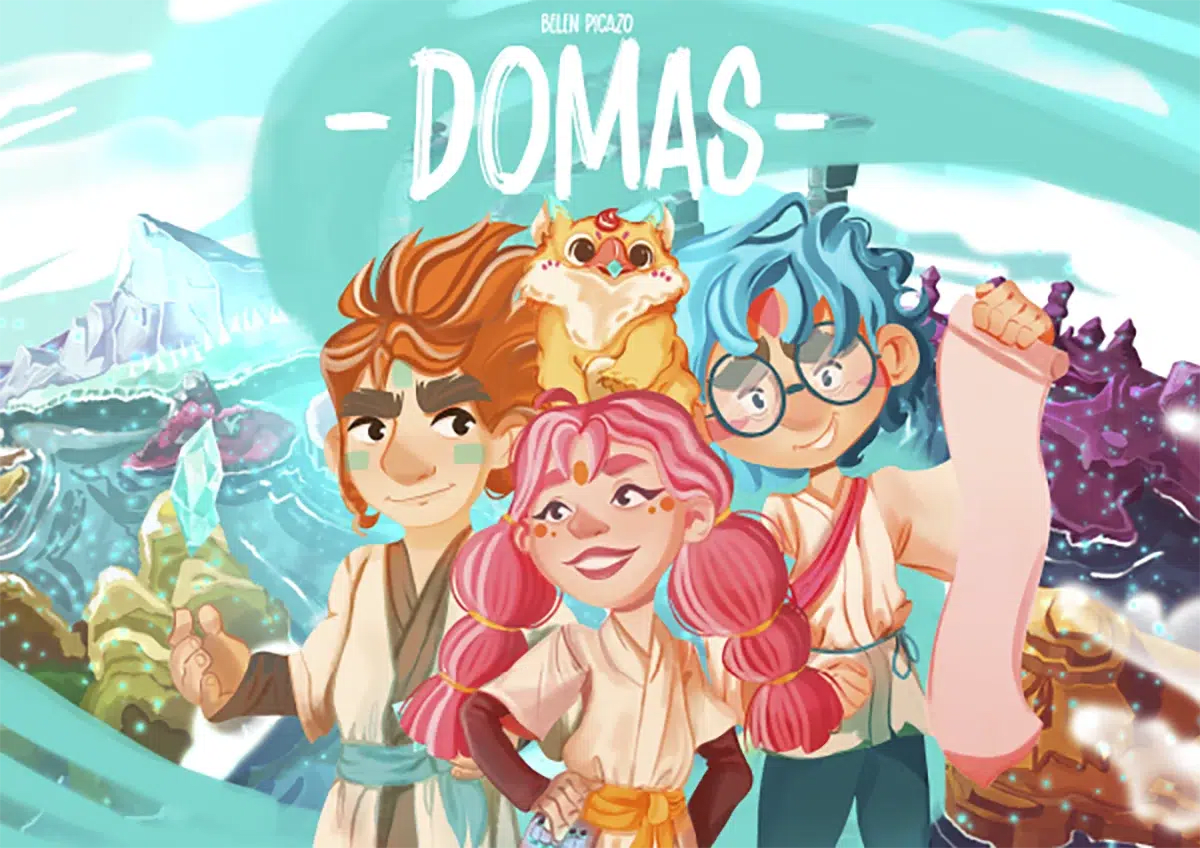 Ilustración de los tres protagonistas de Domas con una criatura naranja sobre fondo turquesa, de Belén María Picazo Delgado, alumna de Ilustración y Animación 2D en TRAZOS
