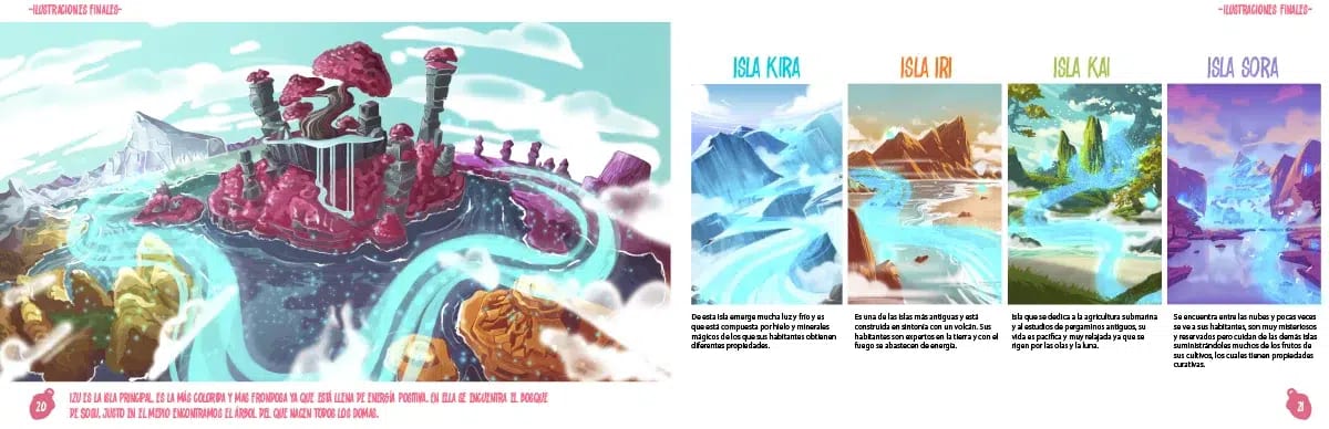 Doble página con las islas flotantes Kira, Iri, Kai y Sora del proyecto Domas, de Belén María Picazo Delgado, alumna de Ilustración y Animación 2D en TRAZOS