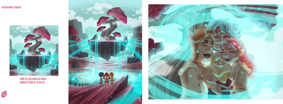 Ilustraciones finales del árbol sobre la isla flotante y el reencuentro de los protagonistas de Domas, de Belén María Picazo Delgado, alumna de Ilustración y Animación 2D en TRAZOS