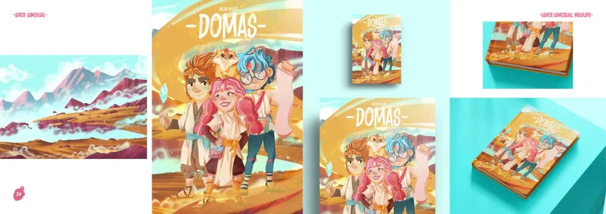 Cover comercial del proyecto Domas con mockups del libro impreso y un paisaje de montañas, de Belén María Picazo Delgado, alumna de Ilustración y Animación 2D en TRAZOS
