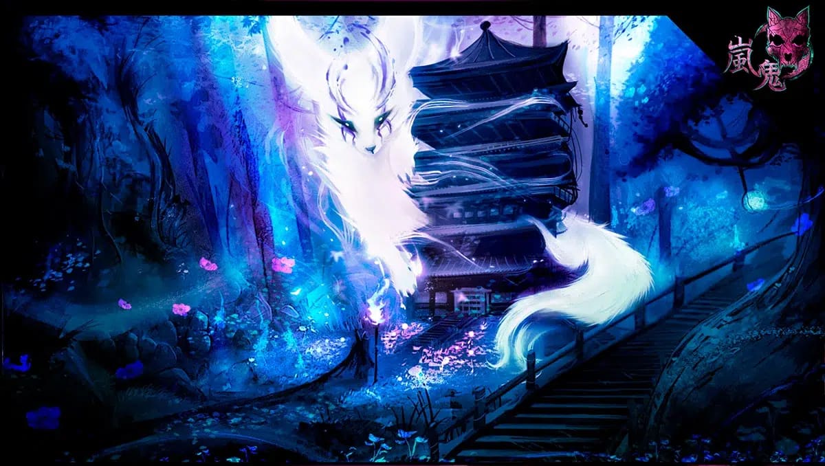 Ilustración Arashi Oni: un espíritu zorro kitsune blanco de nueve colas ante una pagoda japonesa en un bosque azul, del proyecto Máster en Concept Art 2023, de alumnos de Concept Art en TRAZOS