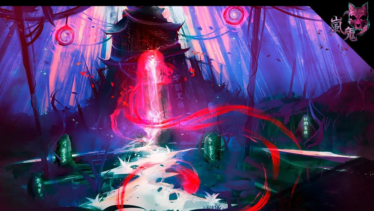 Ilustración Arashi Oni: energía roja de un ritual en un santuario japonés, del proyecto Máster en Concept Art 2023, de alumnos de Concept Art en TRAZOS
