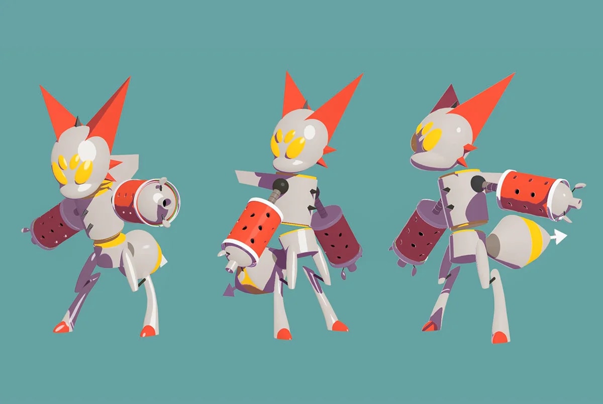 Render 3D de un robot estilizado blanco con cuernos rojos y cañones con motivo de sandia, del proyecto Master en Concept Art 2023, de alumnos de Concept Art en TRAZOS