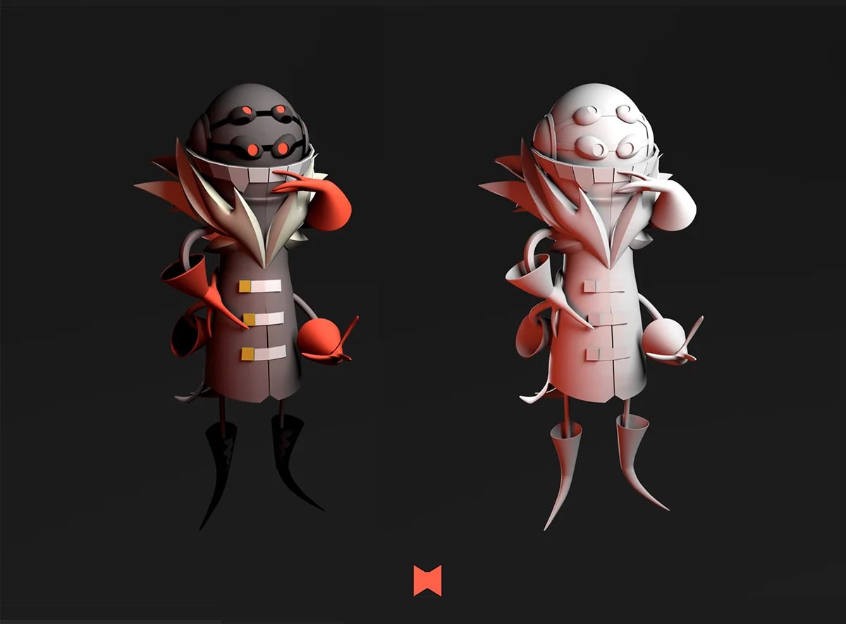 Render 3D y modelo en gris de un personaje con abrigo rojo y casco con forma de insecto, del proyecto Máster en Concept Art 2023, de alumnos de Concept Art en TRAZOS