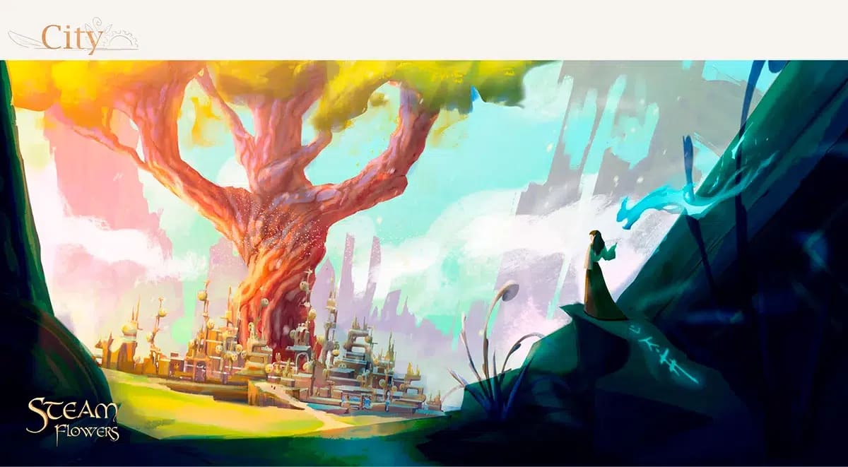 Ilustración de entorno Steam Flowers: una ciudad construida en un árbol gigante con una figura asomada al paisaje, del proyecto Máster en Concept Art 2023, de alumnos de Concept Art en TRAZOS