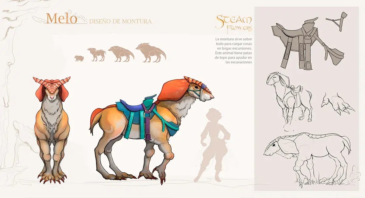 Hoja de diseño de Melo, una montura con cuernos para carga en Steam Flowers, del proyecto Máster en Concept Art 2023, de alumnos de Concept Art en TRAZOS