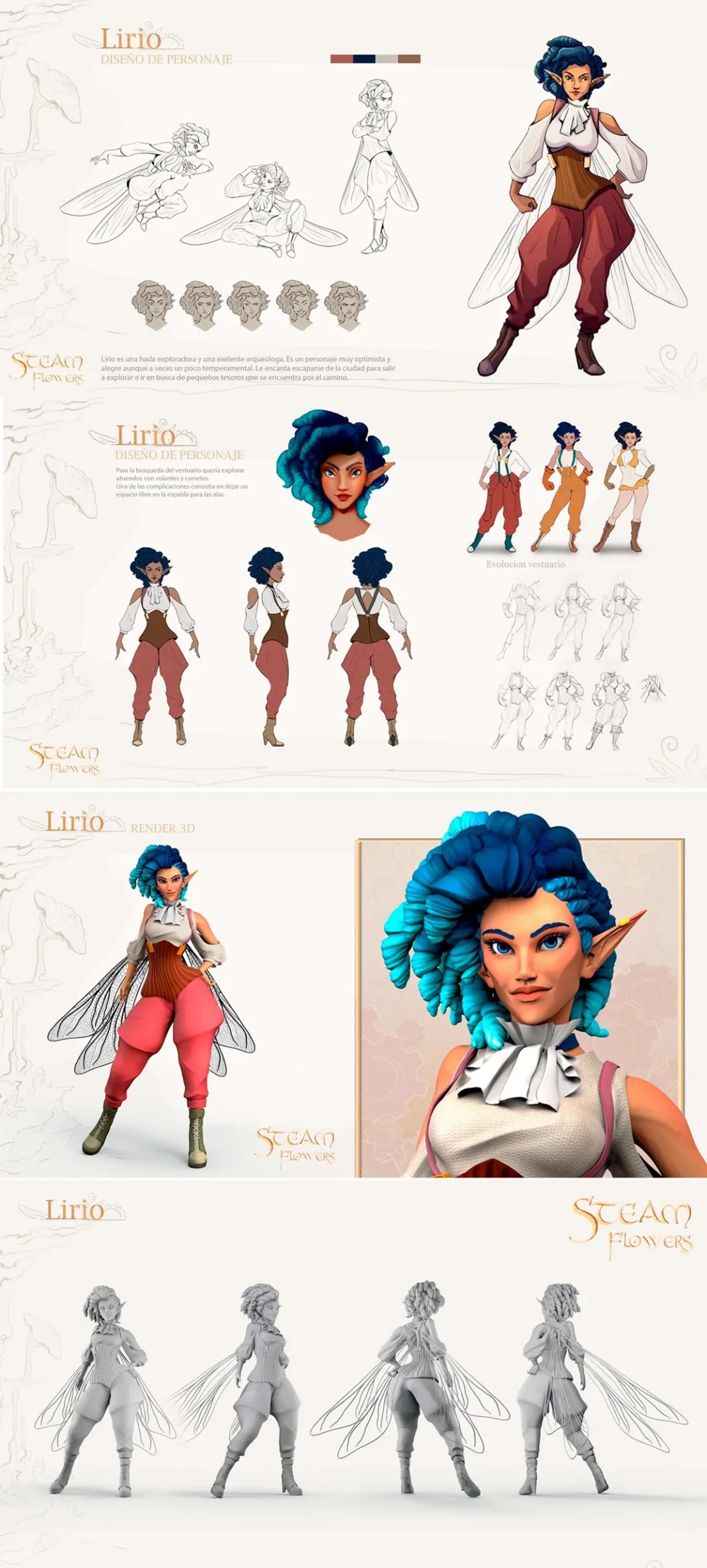 Hoja de diseño del personaje Lirio, un hada exploradora de pelo azul y alas de libélula en Steam Flowers, con diseño 2D, render 3D y vueltas, del proyecto Máster en Concept Art 2023, de alumnos de Concept Art en TRAZOS