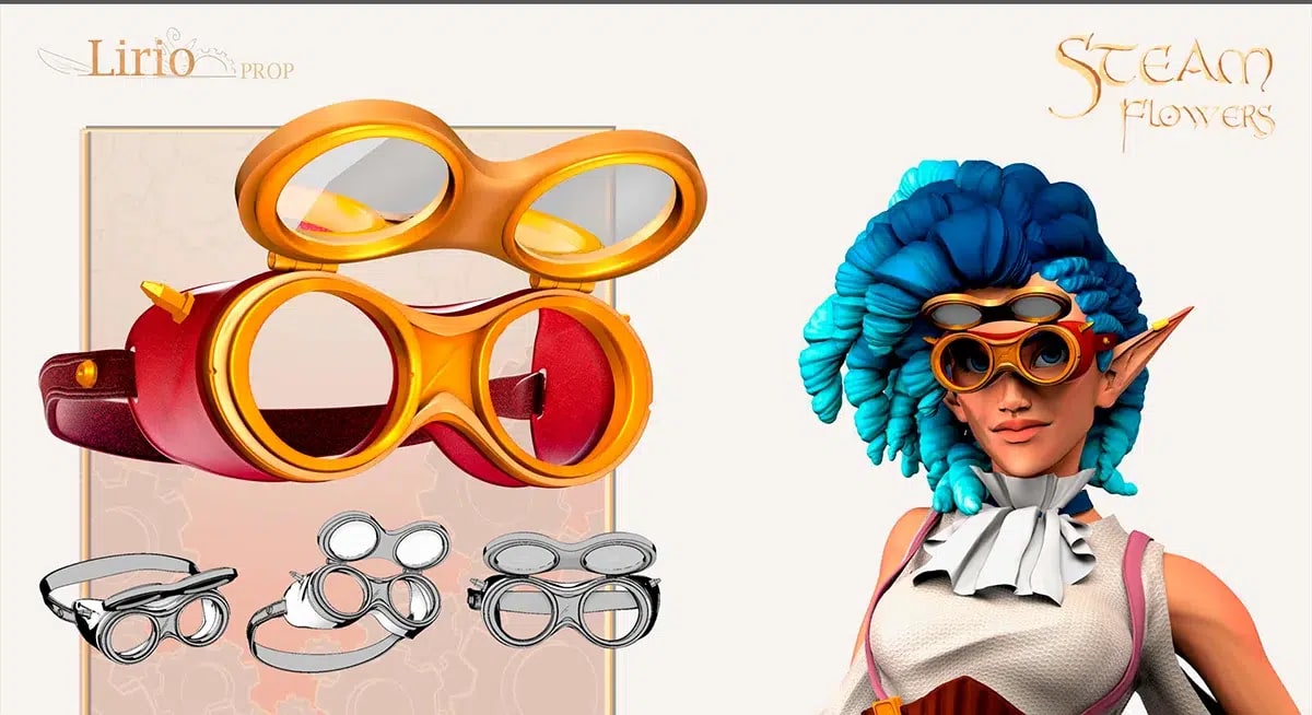 Hoja de prop de Lirio: unas gafas steampunk en render 3D y el personaje llevandolas, en Steam Flowers, del proyecto Máster en Concept Art 2023, de alumnos de Concept Art en TRAZOS