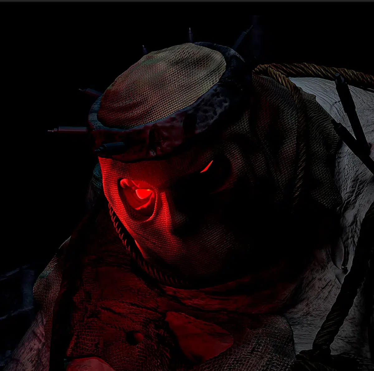 Render 3D en primer plano de un personaje enmascarado con vendajes y un ojo rojo brillante, del proyecto Máster en Concept Art 2023, de alumnos de Concept Art en TRAZOS