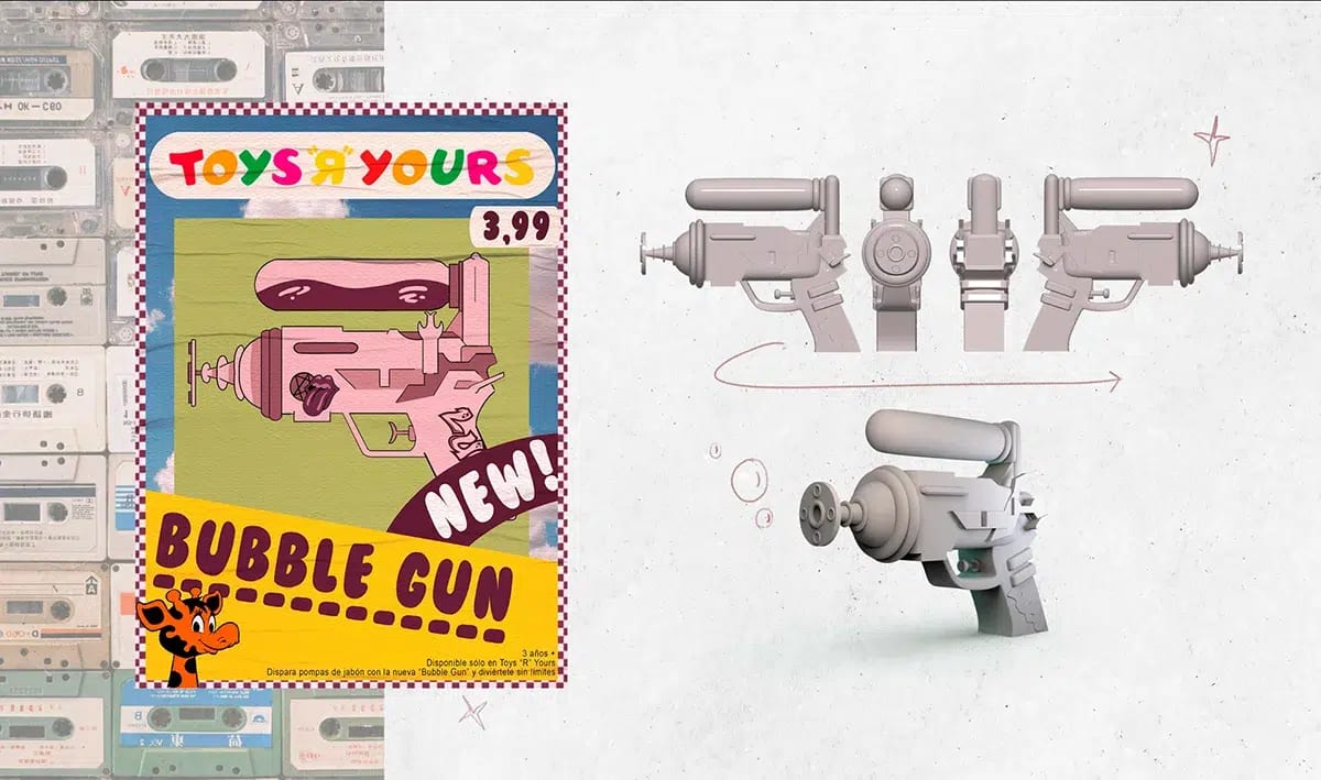 Hoja de prop de la Bubble Gun: mockup de packaging de juguete retro y modelo 3D de la pistola, del proyecto Máster en Concept Art 2023, de alumnos de Concept Art en TRAZOS