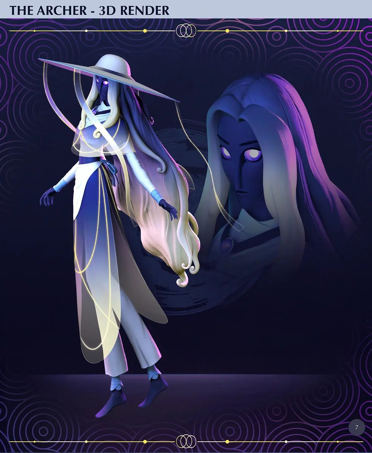 Render 3D de The Archer, Nix: una arquera pálida de pelo largo con sombrero de ala ancha y arco, del proyecto Máster en Concept Art 2023, de alumnos de Concept Art en TRAZOS