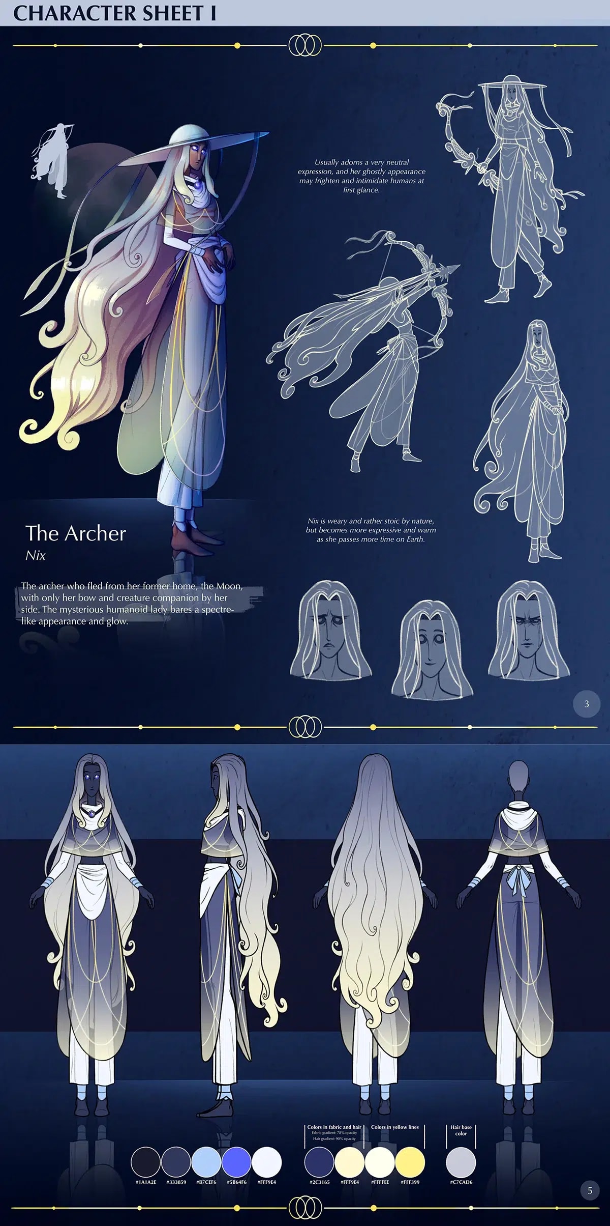 Hoja de diseño de personaje de The Archer, Nix, la arquera de la luna, con poses, expresiones, vueltas y paleta, del proyecto Máster en Concept Art 2023, de alumnos de Concept Art en TRAZOS