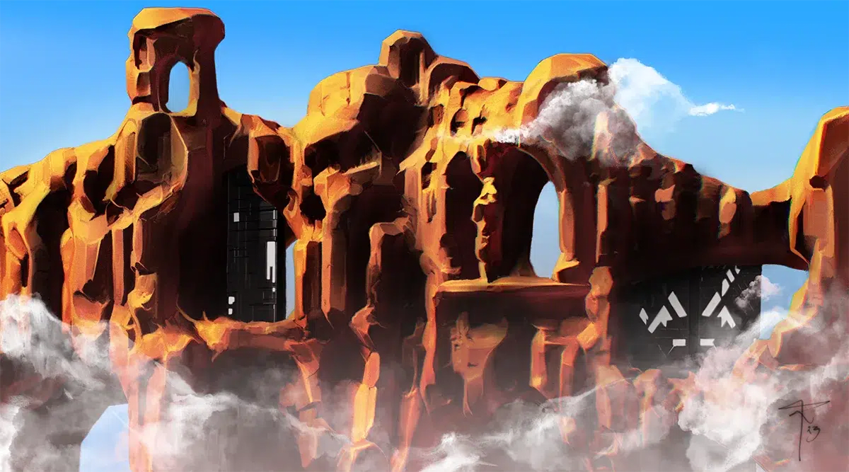 Ilustración de entorno con formaciones de roca naranja y arcos sobre las nubes con estructuras futuristas, del proyecto Máster Online en Concept Art, de alumnos de Concept Art en TRAZOS