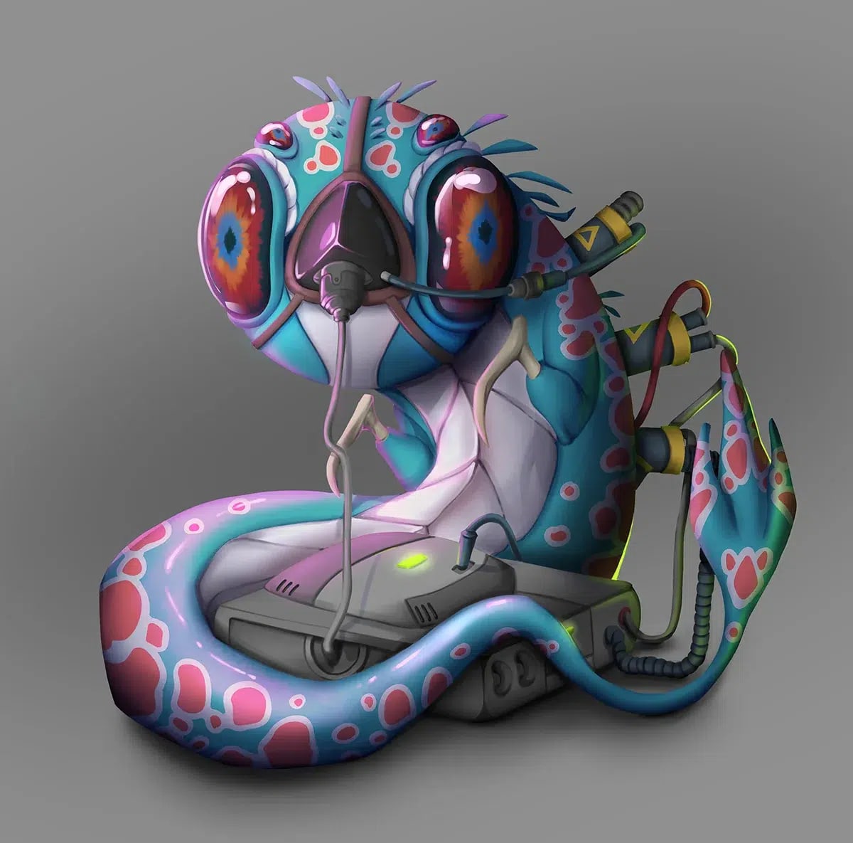 Diseño de una criatura alienígena reptiliana de color azul y rosa con grandes ojos, máscara respiratoria y equipo tecnológico, del proyecto Máster Online en Concept Art, de alumnos de Concept Art en TRAZOS