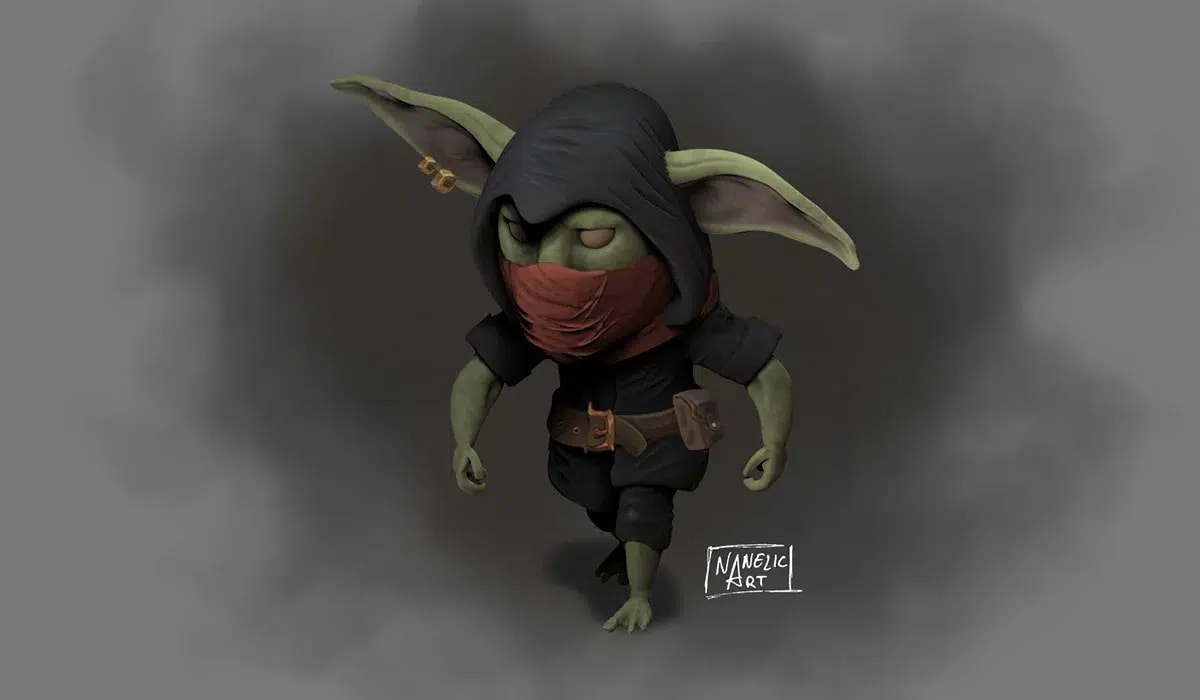 Ilustración de un goblin verde de grandes orejas con capucha y pañuelo rojo cubriendo el rostro, del proyecto Máster Online en Concept Art, de alumnos de Concept Art en TRAZOS