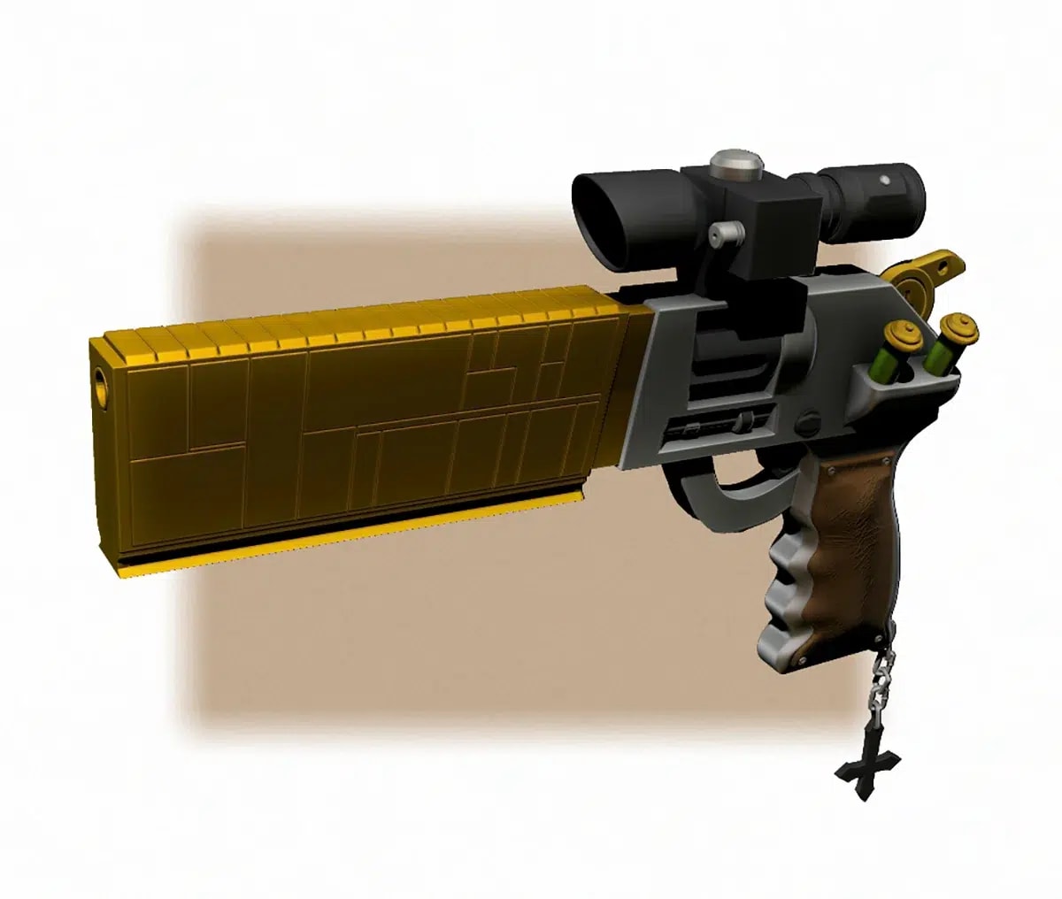 Diseño de prop: modelo 3D de una pistola tipo revólver con mira telescópica, cañón dorado y un dije de cruz, del proyecto Máster Online en Concept Art, de alumnos de Concept Art en TRAZOS