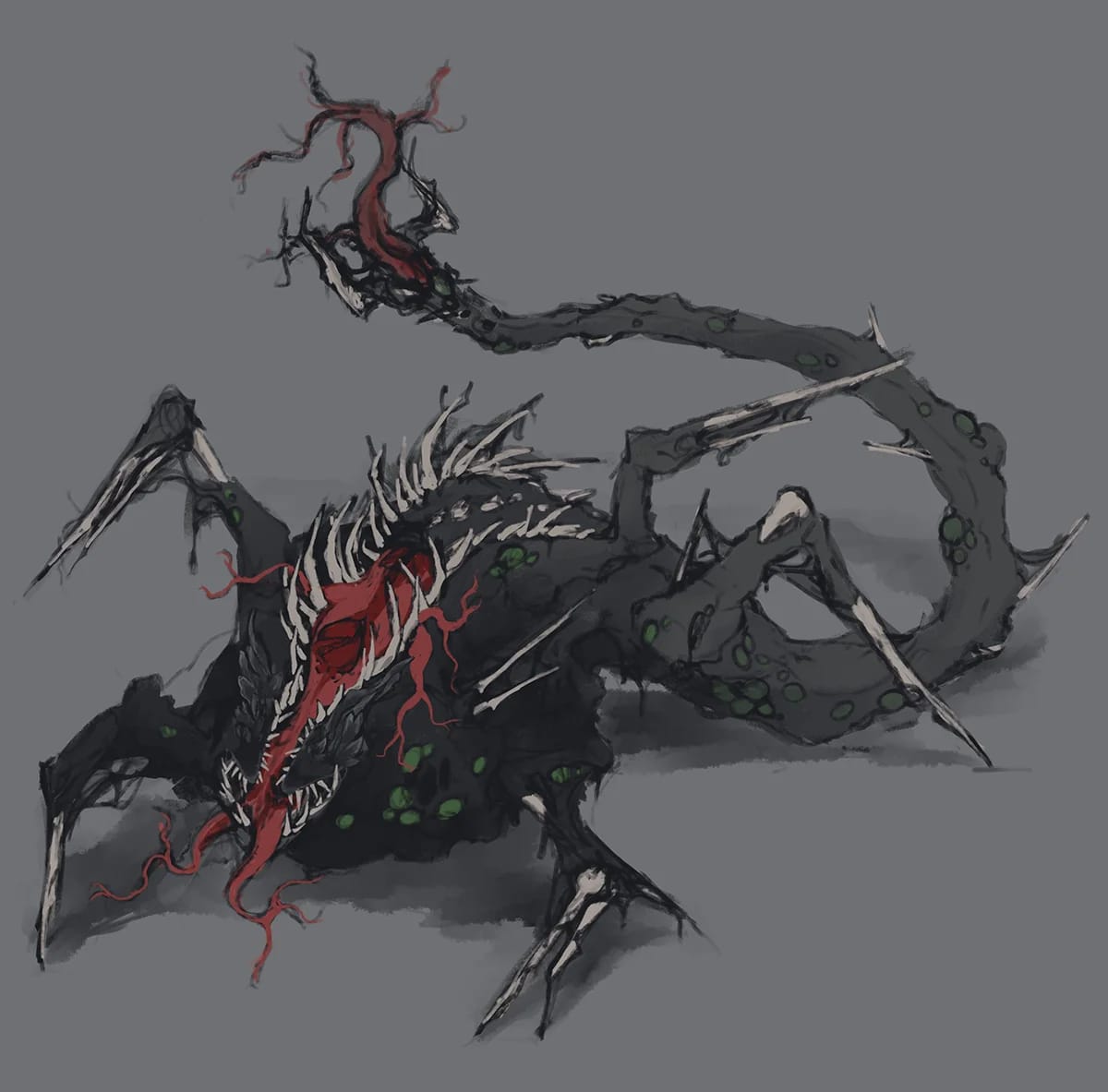 Boceto de concept de un monstruo oscuro con espinas blancas, larga cola con pinchos y fauces rojas, del proyecto Máster Online en Concept Art, de alumnos de Concept Art en TRAZOS