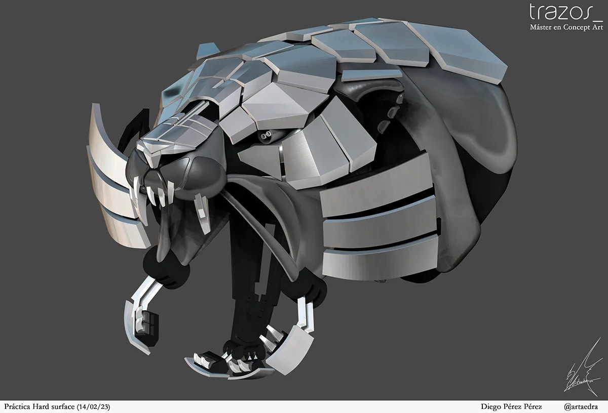 Practica de hard surface: render 3D de la criatura felina mecánica acorazada con dientes de sable, del proyecto Máster Online en Concept Art, de alumnos de Concept Art en TRAZOS