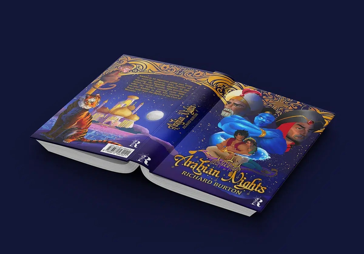 Mockup de diseño de portada del libro Arabian Nights con genio, personajes y palacio, de Valeria De Freitas, alumna de Ilustración y Animación 2D en TRAZOS
