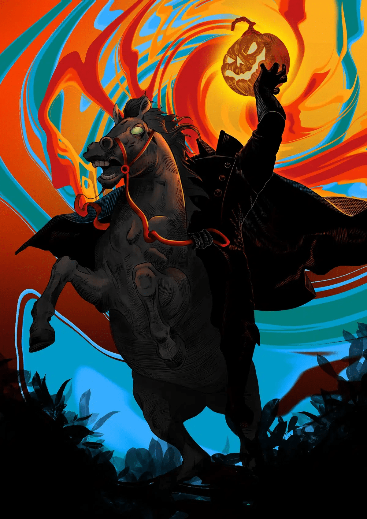 Ilustración del jinete sin cabeza sobre un caballo encabritado sosteniendo una calabaza en llamas sobre un fondo de fuego, de Valeria De Freitas, alumna de Ilustración y Animación 2D en TRAZOS