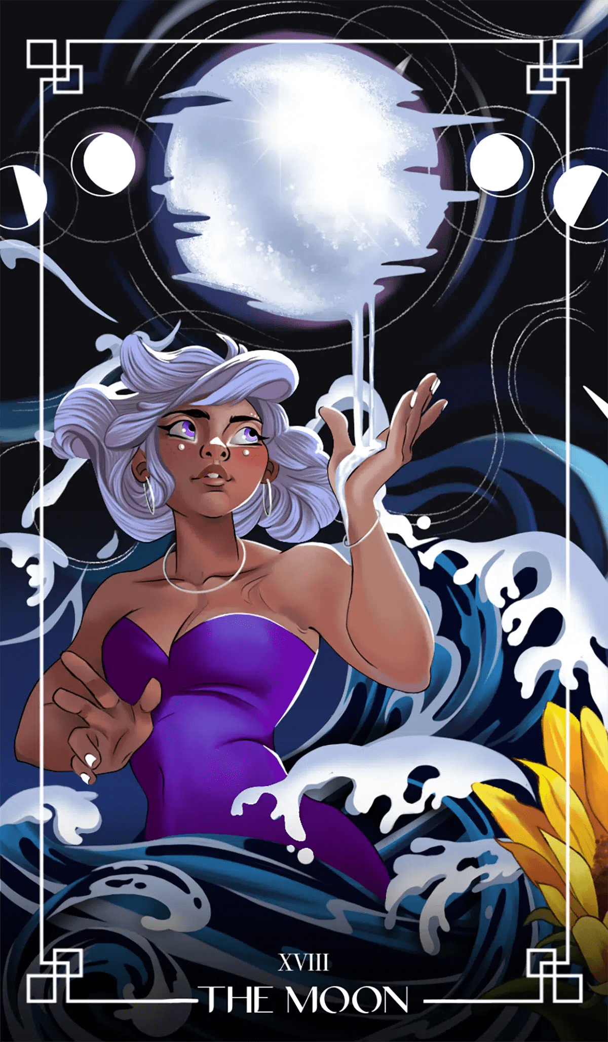 Carta de tarot The Moon con una mujer de pelo plateado que alza la mano hacia la luna llena entre olas, de Valeria De Freitas, alumna de Ilustración y Animación 2D en TRAZOS