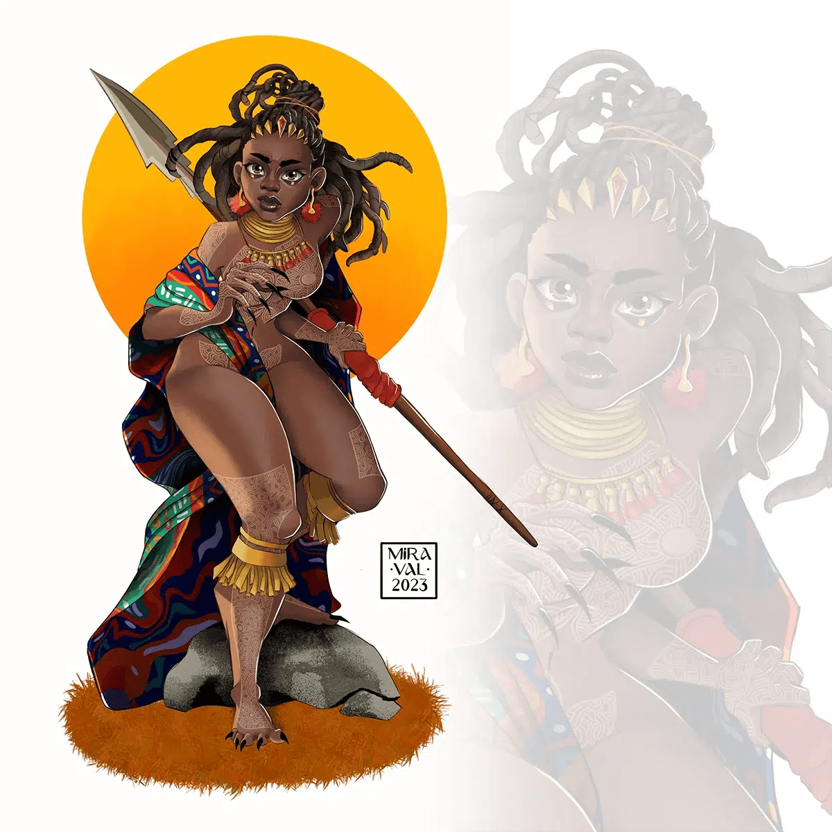 Ilustración de una guerrera africana con lanza, rastas y ropa tribal en cuclillas junto a su versión a linea, de Valeria De Freitas, alumna de Ilustración y Animación 2D en TRAZOS