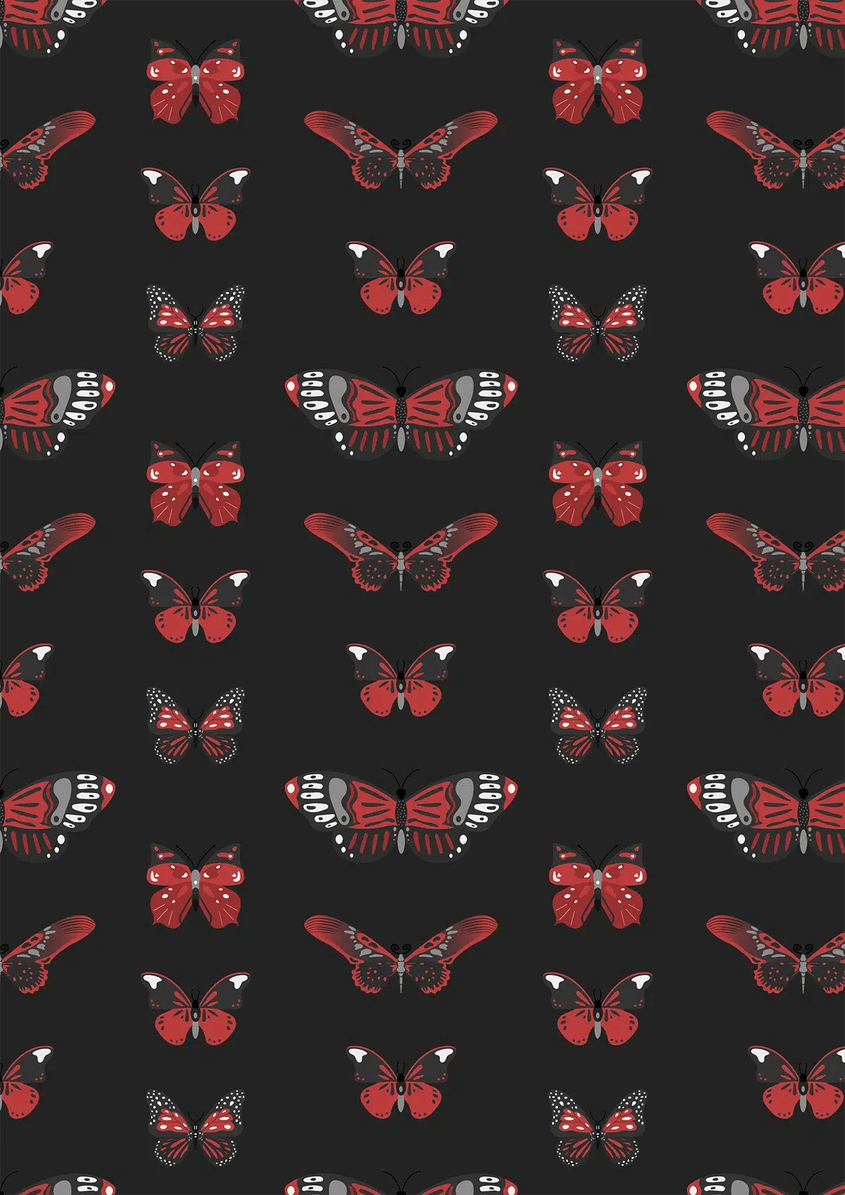Diseño de patrón repetido de mariposas rojas y negras sobre fondo oscuro, de Robea Fee Schlegel, alumna de Ilustración y Animación 2D en TRAZOS