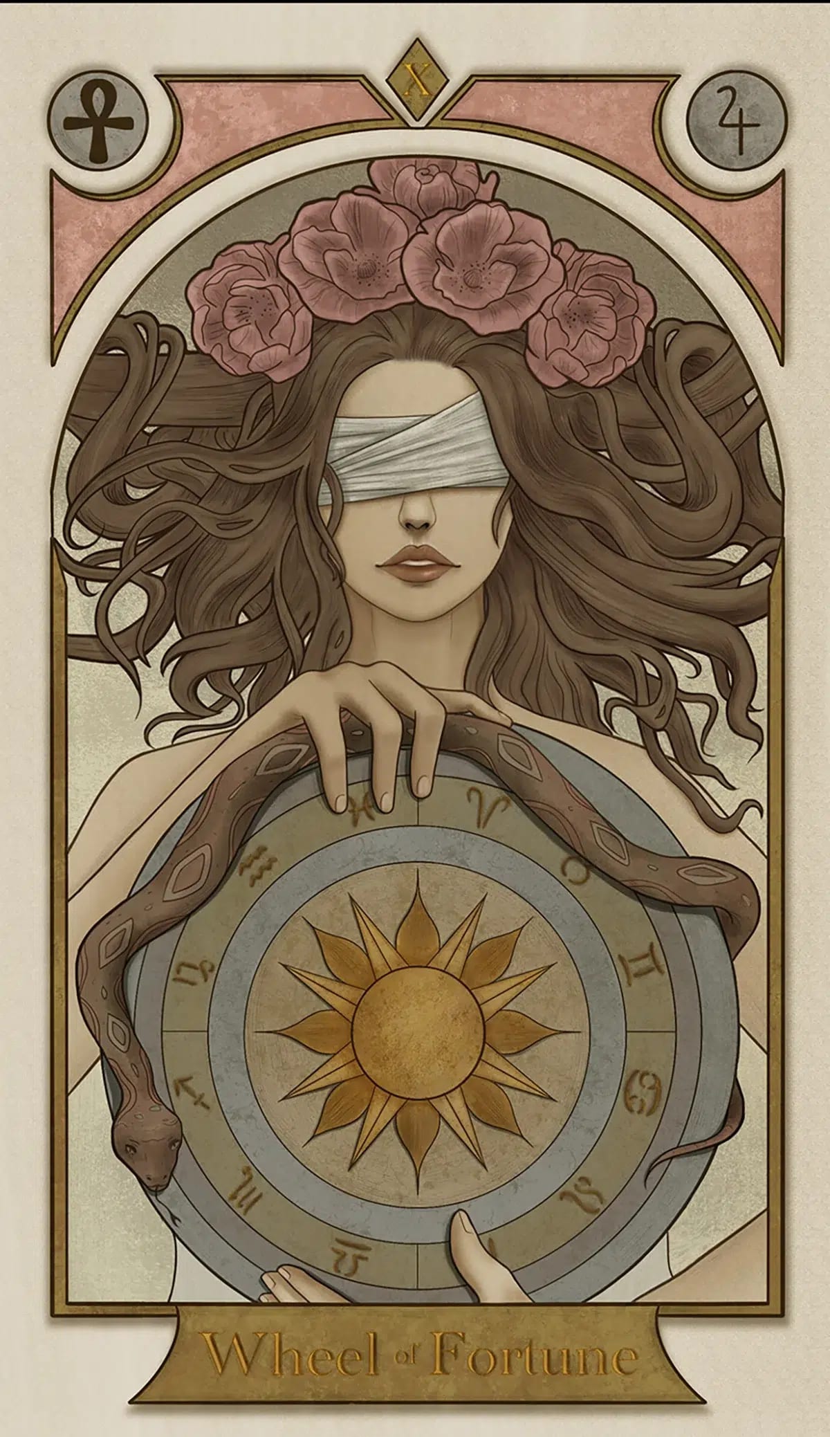 Carta de tarot Wheel of Fortune con una mujer con los ojos vendados y rosas estilo art nouveau, de Robea Fee Schlegel, alumna de Ilustración y Animación 2D en TRAZOS