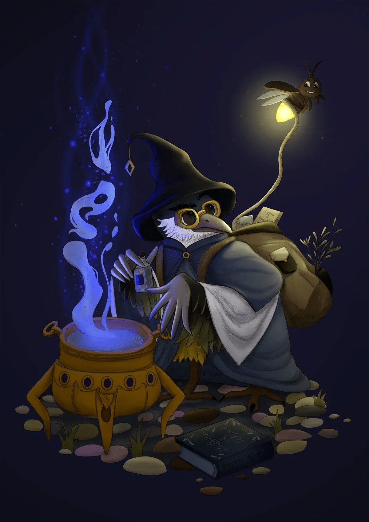 Ilustración de un personaje pájaro mago con sombrero y gafas preparando una poción en un caldero con una luciérnaga farol de noche, de Robea Fee Schlegel, alumna de Ilustración y Animación 2D en TRAZOS