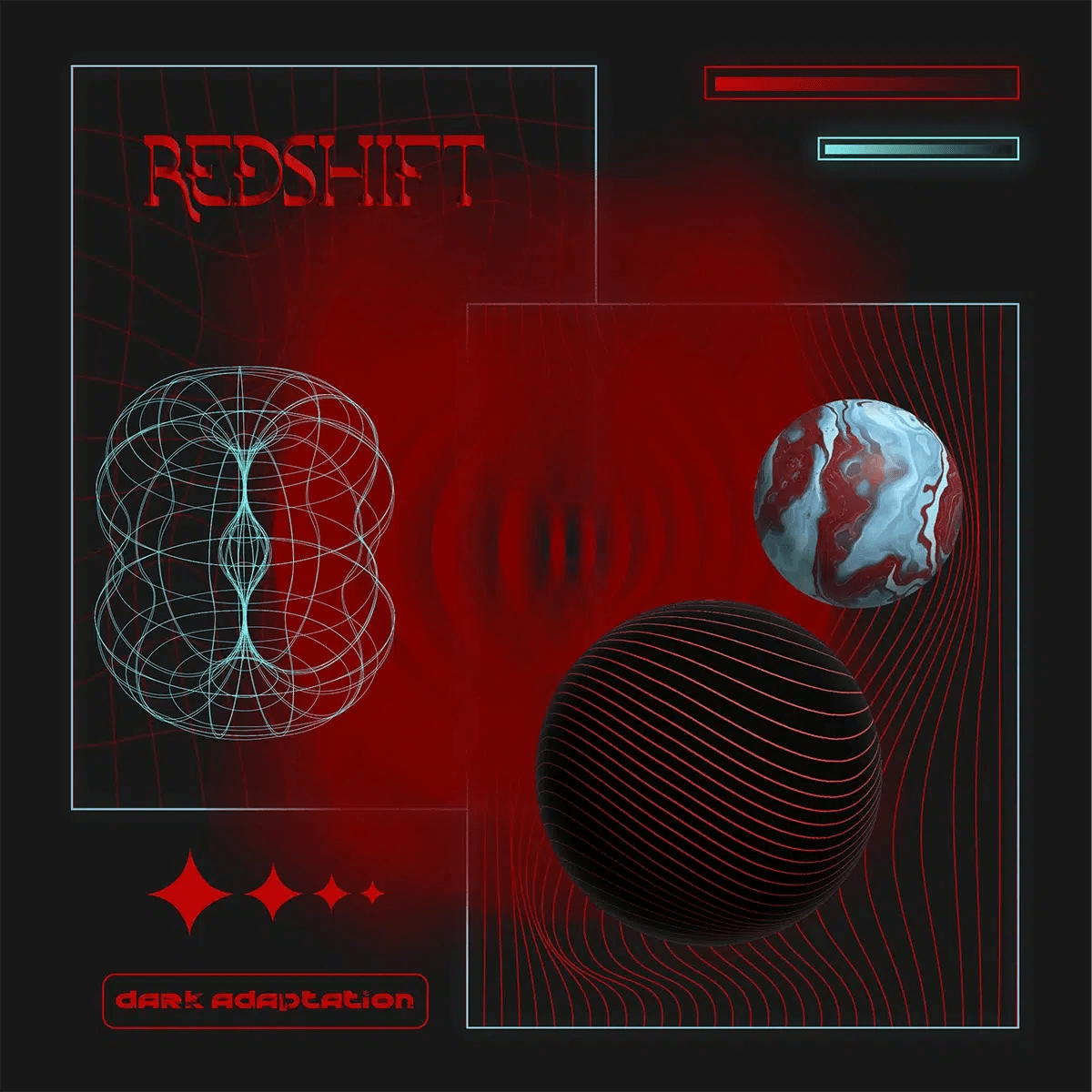 Diseño gráfico tipo póster Redshift Dark Adaptation con planetas y esferas wireframe en rojo y negro, de Robea Fee Schlegel, alumna de Ilustración y Animación 2D en TRAZOS