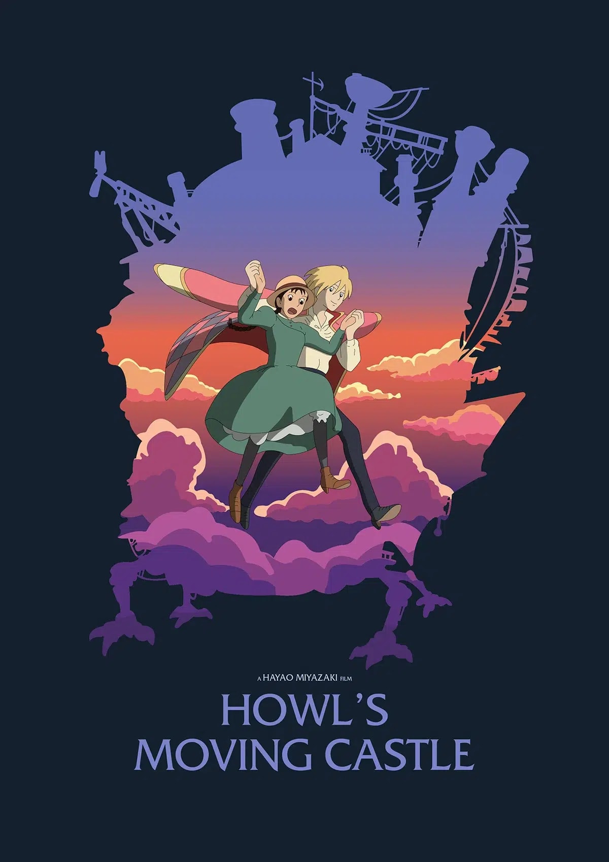 Diseño de póster del Castillo Ambulante con dos personajes bailando y la silueta del castillo al atardecer, de Robea Fee Schlegel, alumna de Ilustración y Animación 2D en TRAZOS