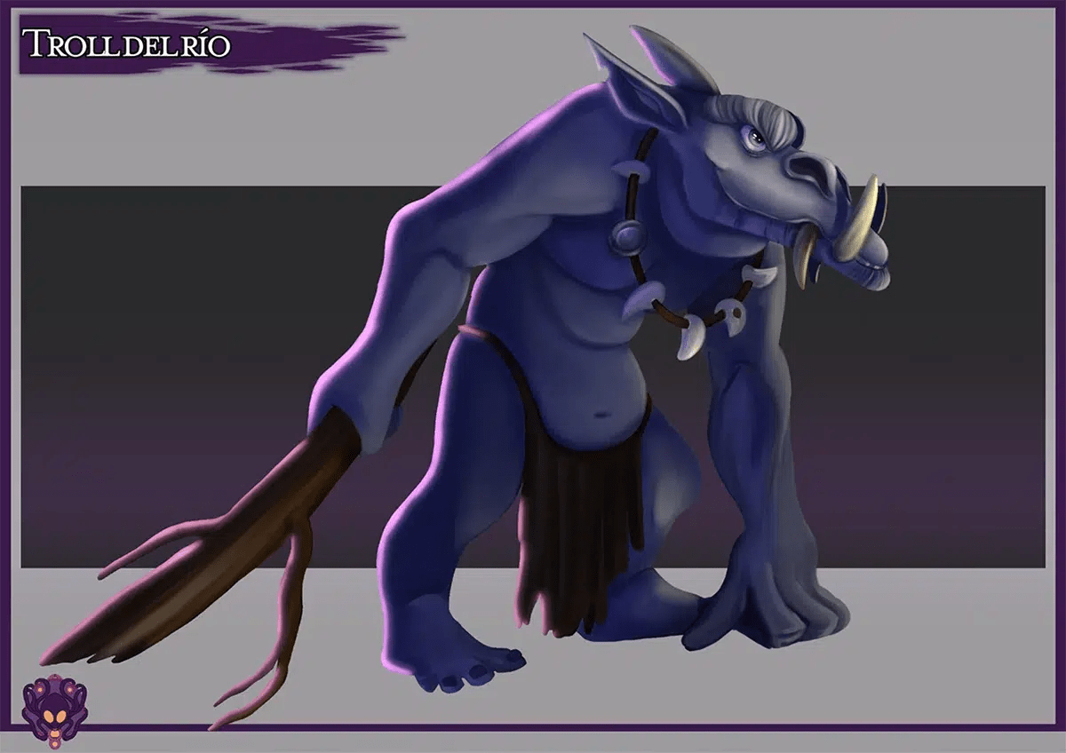 Diseño de criatura de un troll del río azulado con colmillos, de María B. Trigueros Pérez, alumna de Ilustración y Animación 2D en TRAZOS