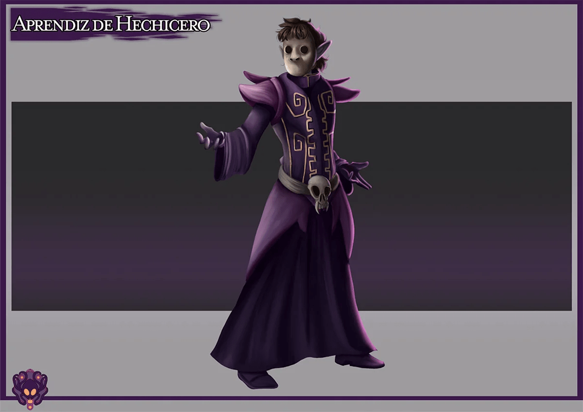 Diseño del personaje Aprendiz de Hechicero con túnica morada y máscara, de María B. Trigueros Pérez, alumna de Ilustración y Animación 2D en TRAZOS