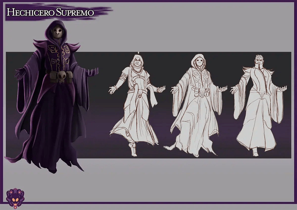 Diseño del personaje Hechicero Supremo encapuchado con túnica y bocetos de exploración, de María B. Trigueros Pérez, alumna de Ilustración y Animación 2D en TRAZOS