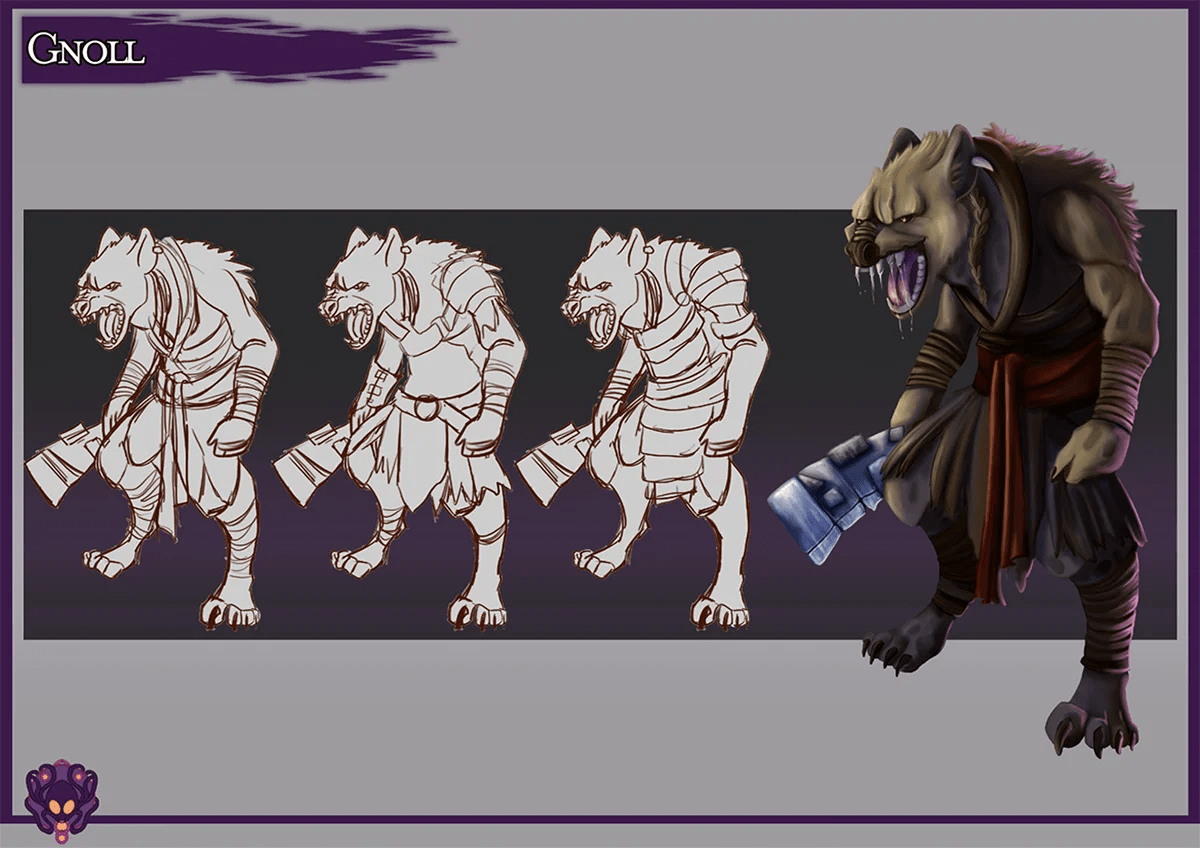 Diseño de criatura de un gnoll con cabeza de hiena armado y bocetos de exploración, de María B. Trigueros Pérez, alumna de Ilustración y Animación 2D en TRAZOS