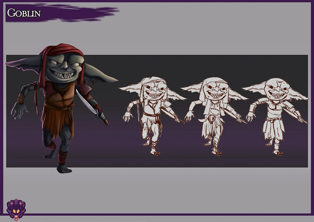 Diseño de criatura de un goblin con puñal y bocetos de exploración, de María B. Trigueros Pérez, alumna de Ilustración y Animación 2D en TRAZOS