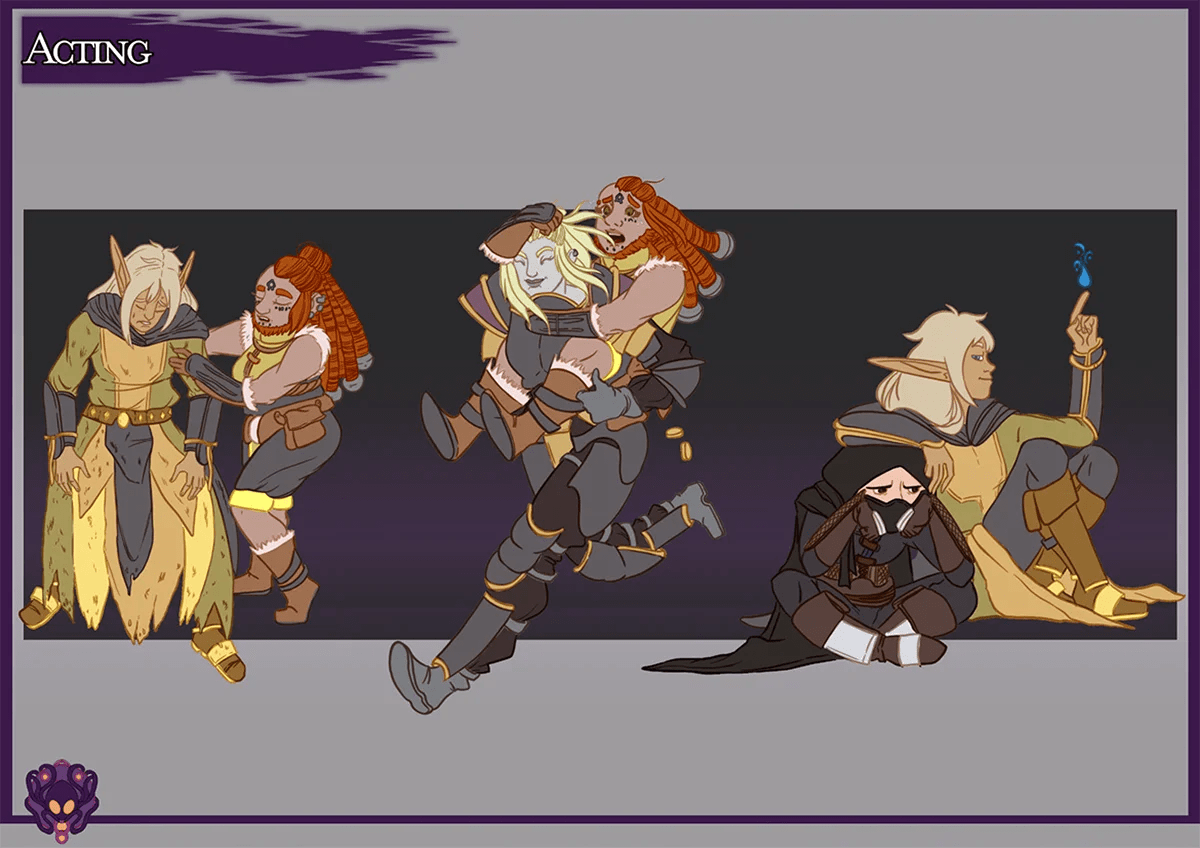 Hoja de acting con poses y expresiones de los personajes del proyecto, de María B. Trigueros Pérez, alumna de Ilustración y Animación 2D en TRAZOS