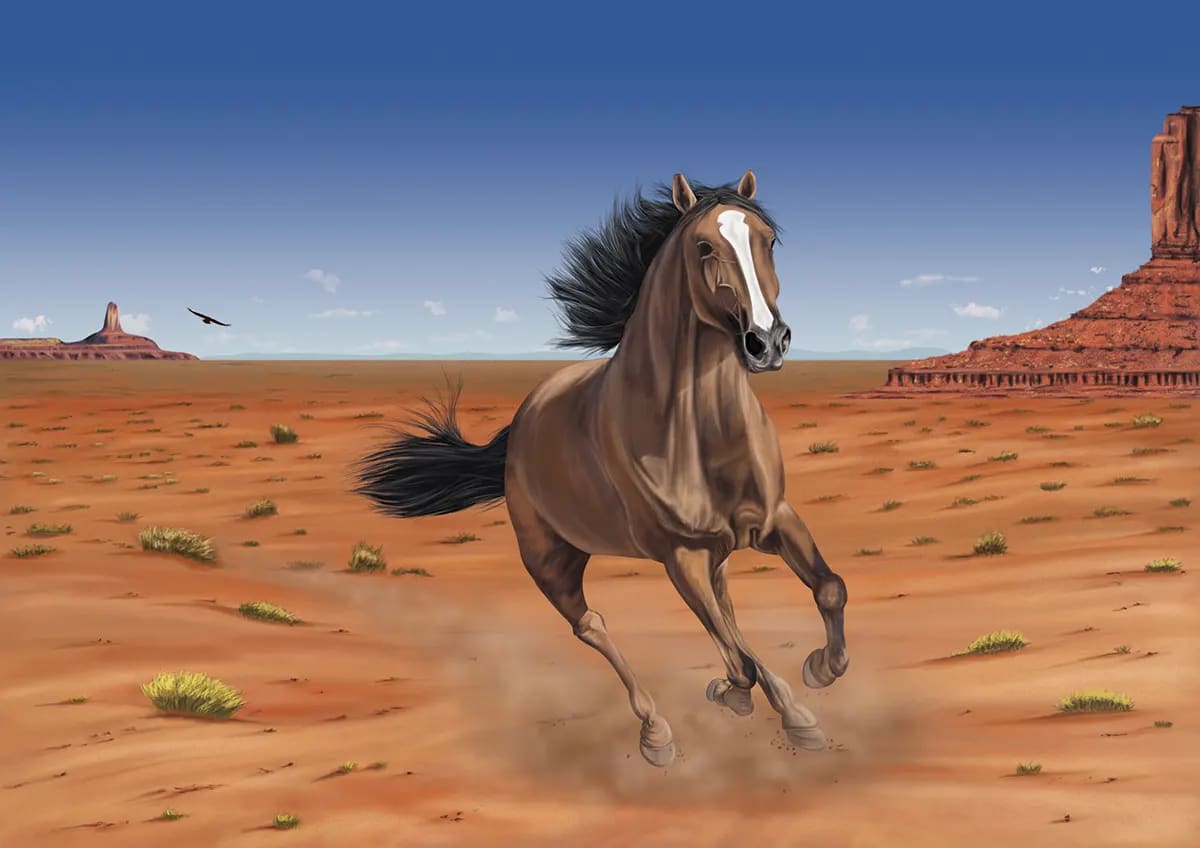 Ilustración realista de un caballo galopando en un desierto, de David Martín Ranchal, alumno de Ilustración y Animación 2D en TRAZOS
