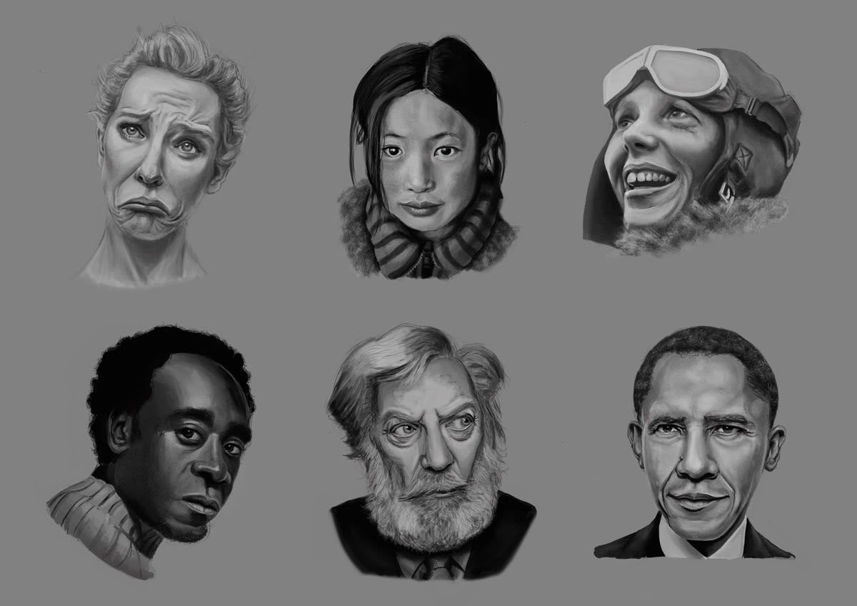 Hoja de estudio con varios retratos de caras en escala de grises, de Jesús Romero Márquez, alumno de Ilustración y Animación 2D en TRAZOS