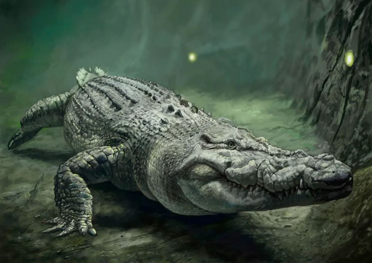 Ilustración de cuerpo completo de un cocodrilo en una cueva de aguas verdes, de Luis Alonso, alumno de Ilustración y Animación 2D en TRAZOS