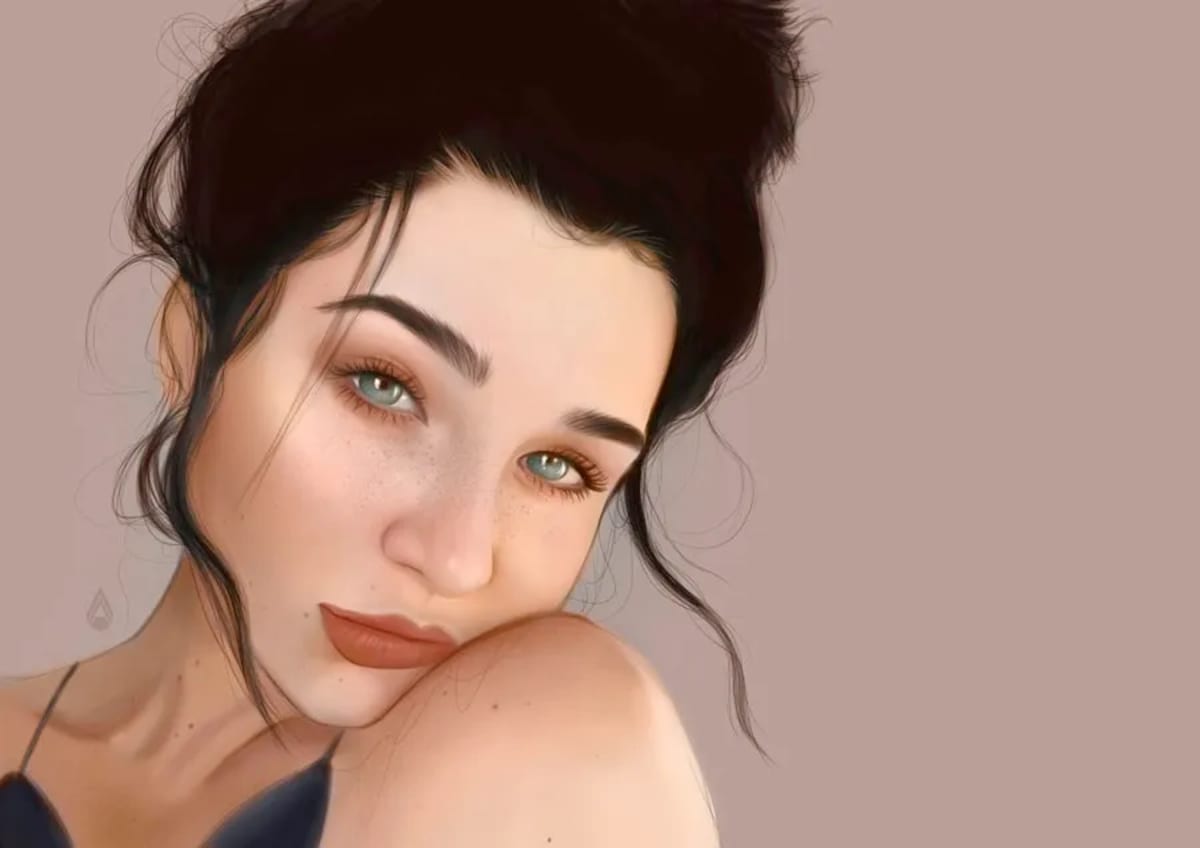Retrato pictórico en detalle de una chica de pelo oscuro recogido con pecas y ojos verdes, de Alejandra Aguado, alumna de Ilustración y Animación 2D en TRAZOS