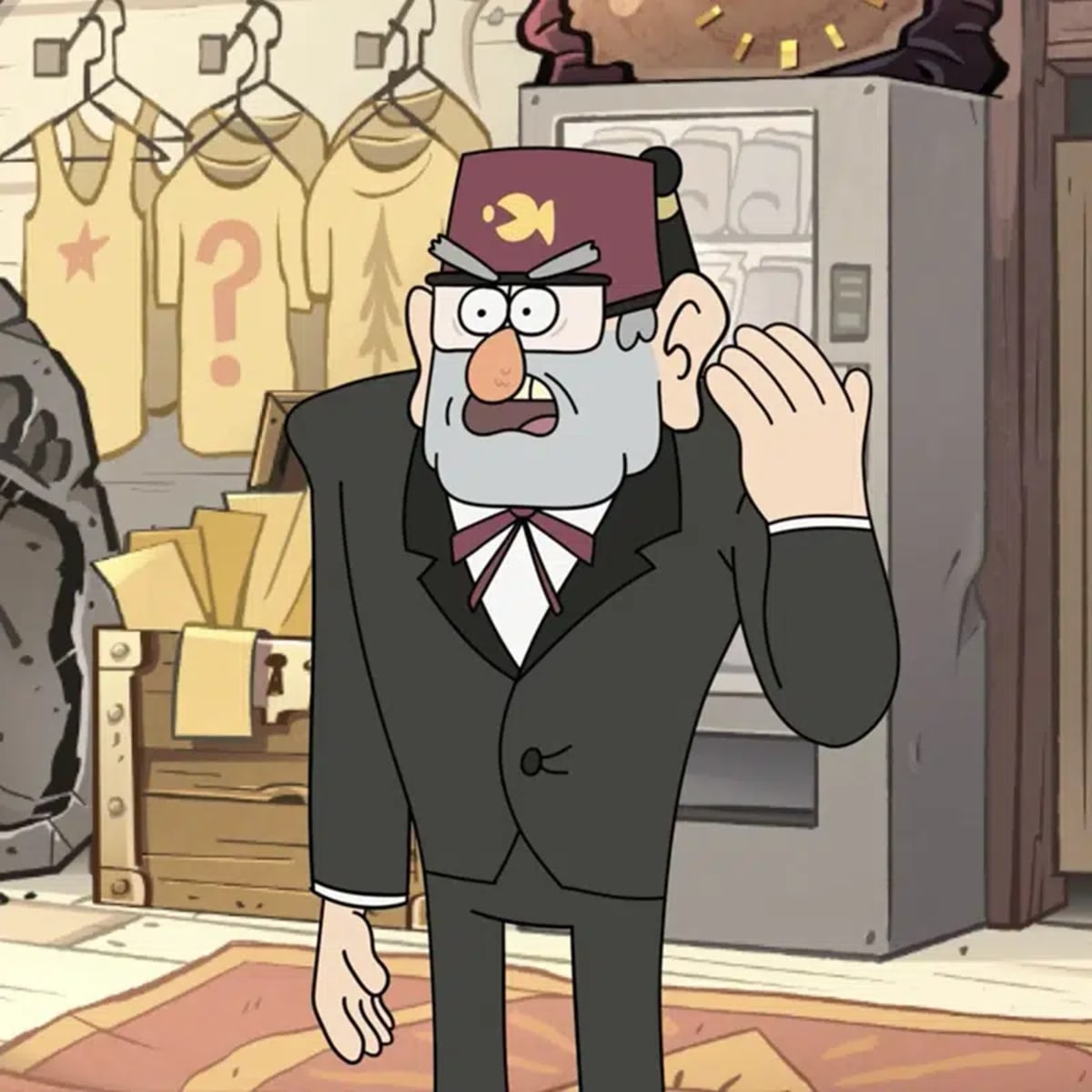 Fotograma de animación 2D estilo cartoon de un anciano trajeado en una tienda, de Patricia García Ricon, alumna de Ilustración y Animación 2D en TRAZOS
