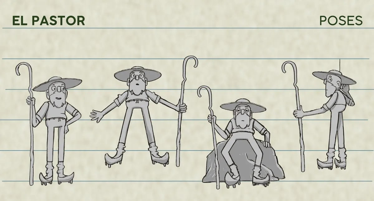 Hoja de poses del personaje El Pastor con bastón en distintas posturas, de Paula Revuelta López, alumna de Ilustración y Animación 2D en TRAZOS