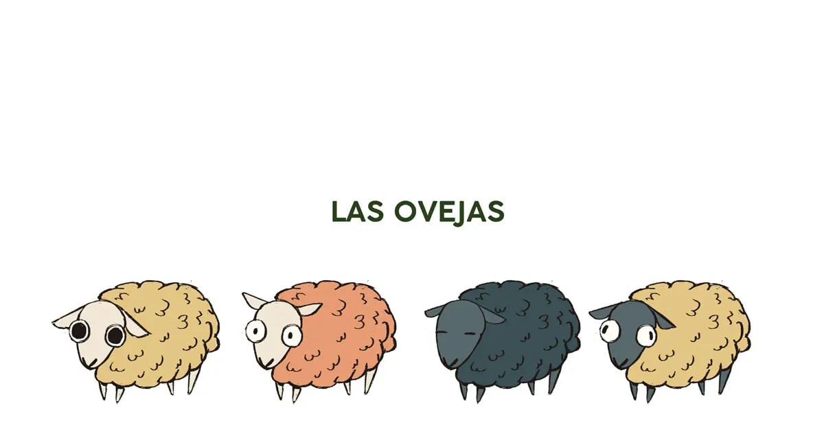Hoja de diseño de las ovejas protagonistas con sus colores, de Paula Revuelta López, alumna de Ilustración y Animación 2D en TRAZOS