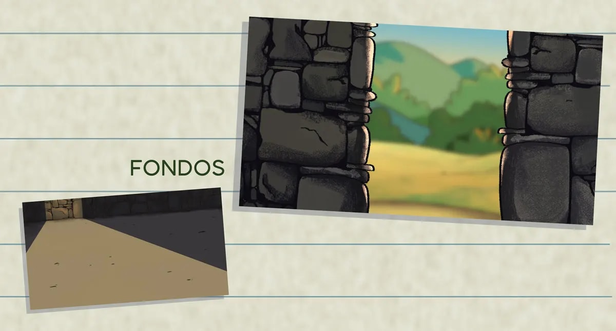 Diseño de fondos con un portón de piedra y paisaje de campo, de Paula Revuelta López, alumna de Ilustración y Animación 2D en TRAZOS