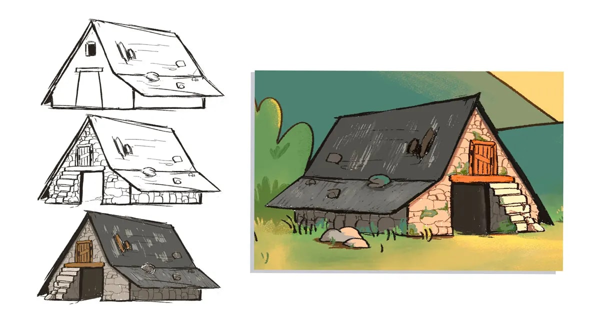 Diseño de una cabaña de piedra desde el boceto hasta el color, de Paula Revuelta López, alumna de Ilustración y Animación 2D en TRAZOS