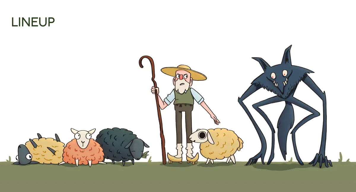 Lineup de personajes con las ovejas, el pastor y el lobo, de Paula Revuelta López, alumna de Ilustración y Animación 2D en TRAZOS