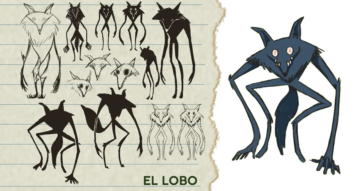 Hoja de diseño del personaje El Lobo con bocetos y versión final, de Paula Revuelta López, alumna de Ilustración y Animación 2D en TRAZOS
