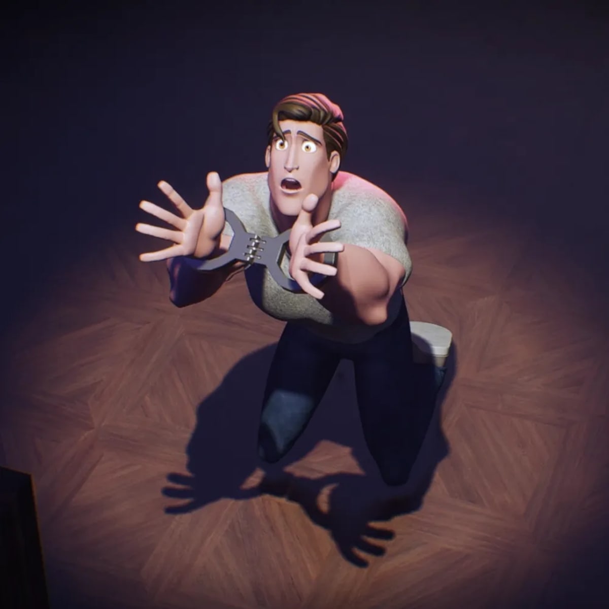 Personaje masculino estilizado esposado y de rodillas en el suelo con expresión de miedo, de César Sánchez Hernández, alumno de 3D · Modelado y Animación en TRAZOS